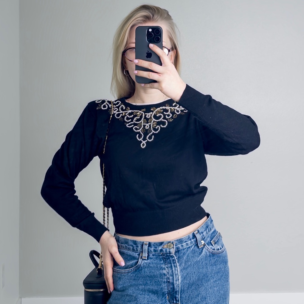 Liz Claiborne lambwool Black Sweater with Gold Embellishments